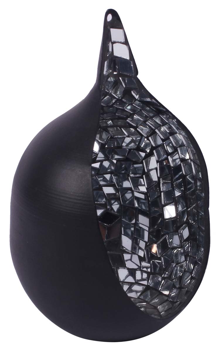 6” Coconut Tea-Light Holder in Iron with Mirror-Work - Black Color - Mosaic Art Decor from India - Buy in Bulk Wholesale